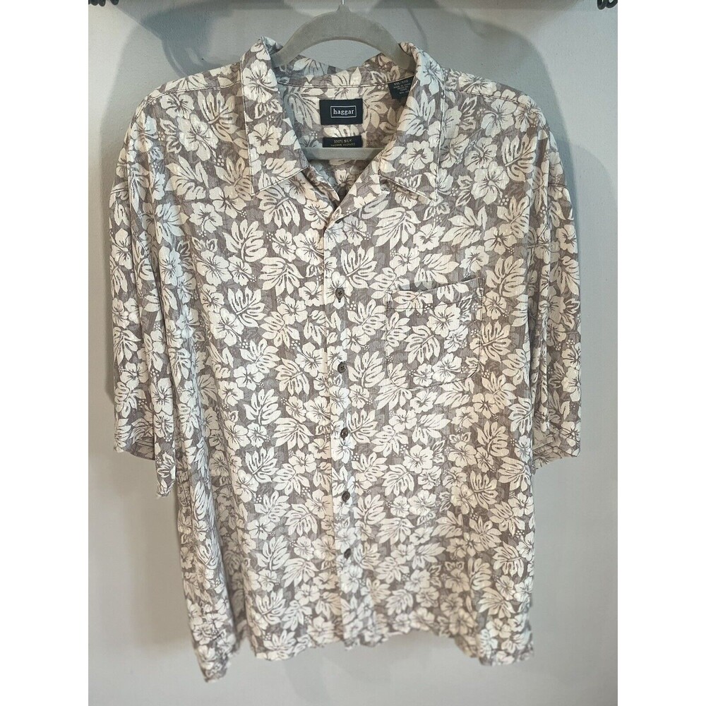 Haggar Shirt Mens XXL Brown 100% Silk Floral Hawaiian Button Up Short Sleeve